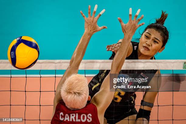 Pimpichaya Kokram of Team Thailand spikes the ball during their qualification round match against Team Philippines on day six of the AVC Cup For...