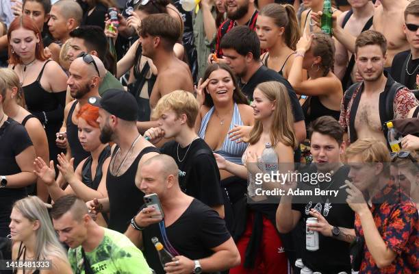 Techno enthusiasts attend the Zug der Liebe demonstration, on August 27, 2022 in Berlin, Germany. Around 10,000 participants marched and danced in...