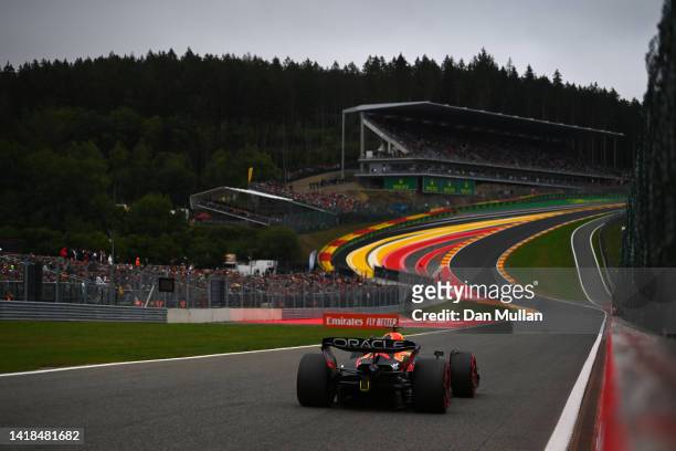Max Verstappen of the Netherlands driving the Oracle Red Bull Racing RB18 on track during qualifying ahead of the F1 Grand Prix of Belgium at Circuit...