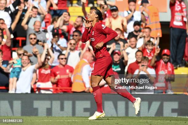 Virgil van Dijk of Liverpool celebrates after scoring their team's fifth goal during the Premier League match between Liverpool FC and AFC...
