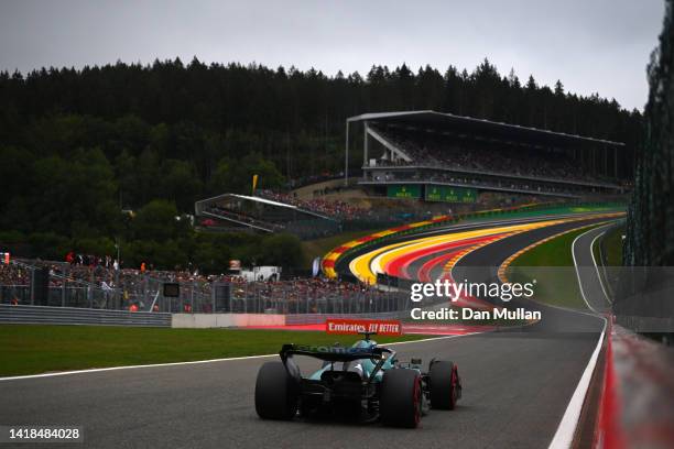 Lance Stroll of Canada driving the Aston Martin AMR22 Mercedes on track during qualifying ahead of the F1 Grand Prix of Belgium at Circuit de...