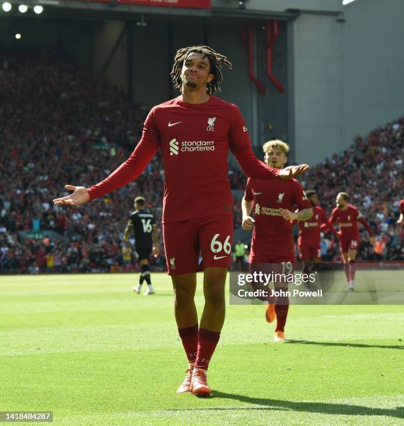 Trent Alexander-Arnold of Liverpool celebrates after scoring the third goal during the Premier League match between Liverpool FC and AFC Bournemouth...