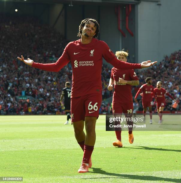 Trent Alexander-Arnold of Liverpool celebrates after scoring the third goal during the Premier League match between Liverpool FC and AFC Bournemouth...