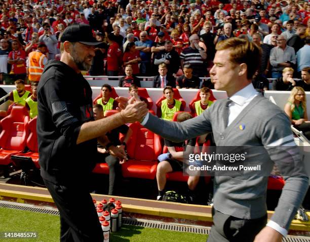 Jurgen Klopp manager of Liverpool with bournemouth manager Scott Parker before the Premier League match between Liverpool FC and AFC Bournemouth at...