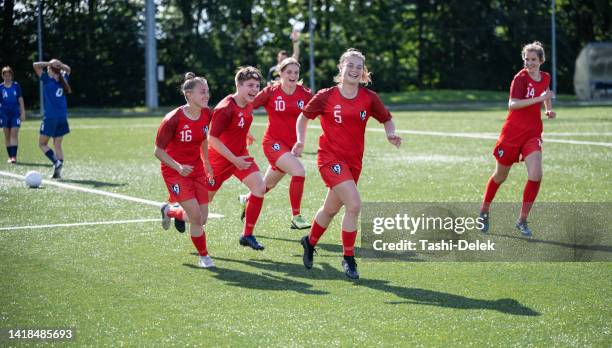 goal celebration - soccer competition stock pictures, royalty-free photos & images