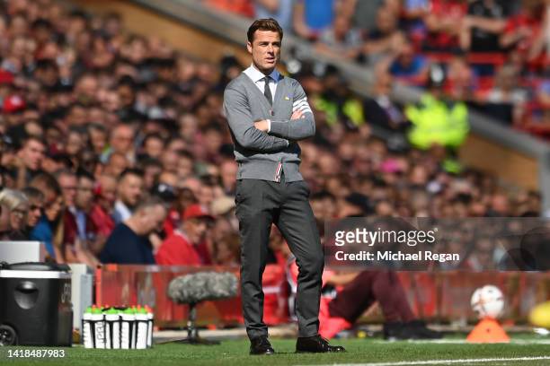 Scott Parker, Manager of AFC Bournemouth reacts during the Premier League match between Liverpool FC and AFC Bournemouth at Anfield on August 27,...
