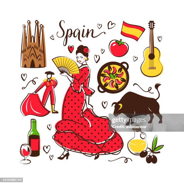 spanish symbols - bulls dancers stock illustrations