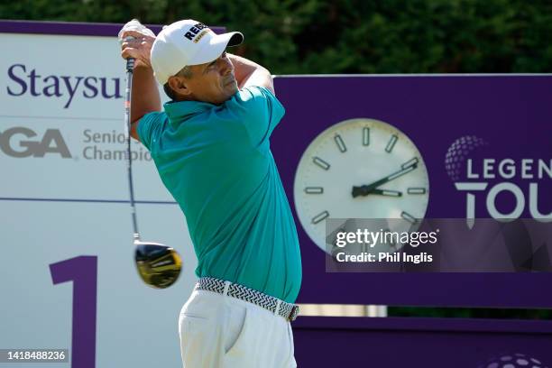 Adilson Da Silva of Brazil in action during Day Three of the Staysure PGA Seniors Championship 2022 at Formby Golf Club on August 27, 2022 in Formby,...