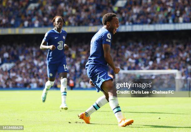 Raheem Sterling of Chelsea celebrates after scoring their team's first goal during the Premier League match between Chelsea FC and Leicester City at...