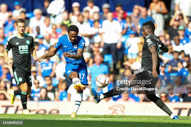 Raheem Sterling of Chelsea scores their team's first goal during the Premier League match between Chelsea FC and Leicester City at Stamford Bridge on...