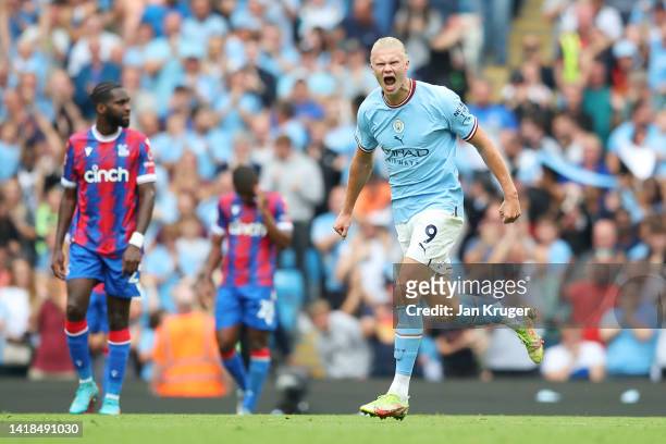 Erling Haaland of Manchester City celebrates their sides second goal during the Premier League match between Manchester City and Crystal Palace at...