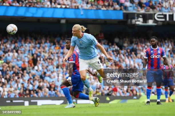 Erling Haaland of Manchester City scores their sides second goal during the Premier League match between Manchester City and Crystal Palace at Etihad...