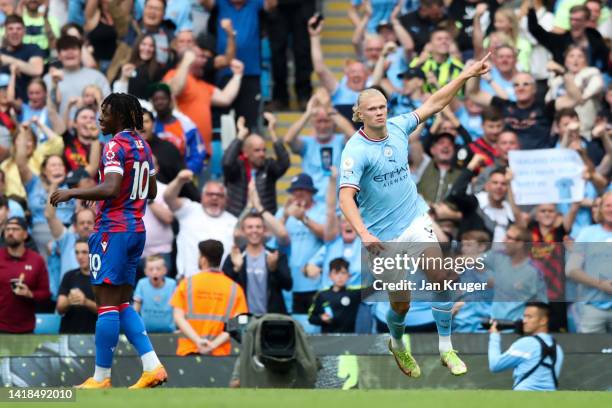 Erling Haaland of Manchester City celebrates their sides second goal during the Premier League match between Manchester City and Crystal Palace at...