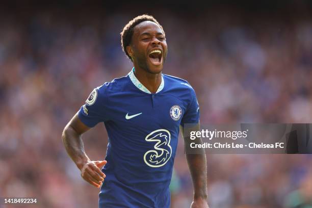 Raheem Sterling of Chelsea celebrates after scoring their team's second goal during the Premier League match between Chelsea FC and Leicester City at...