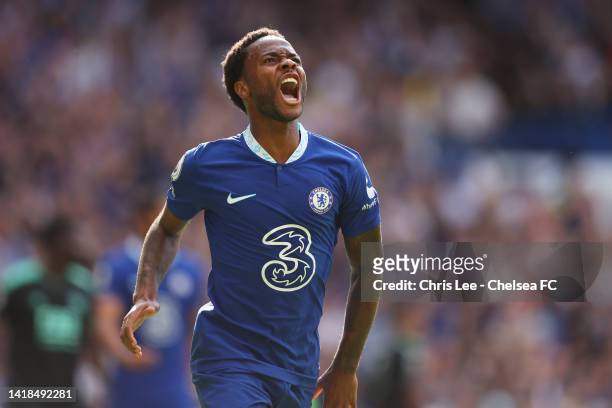Raheem Sterling of Chelsea celebrates after scoring their team's second goal during the Premier League match between Chelsea FC and Leicester City at...