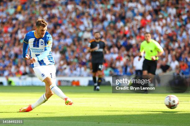 Pascal Gross of Brighton & Hove Albion scores their sides first goal during the Premier League match between Brighton & Hove Albion and Leeds United...