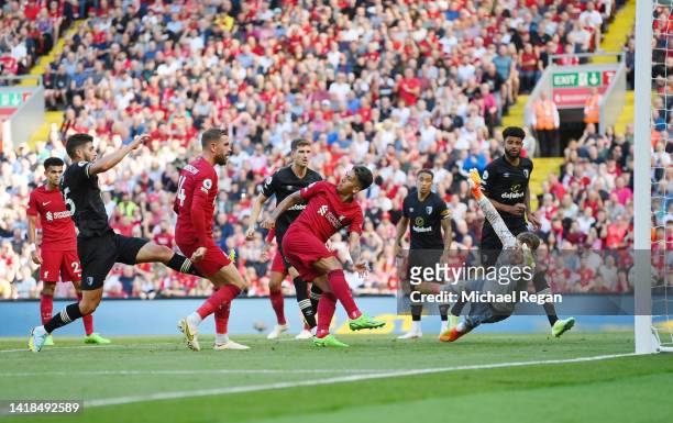 Roberto Firmino of Liverpool scores their team's seventh goal during the Premier League match between Liverpool FC and AFC Bournemouth at Anfield on...