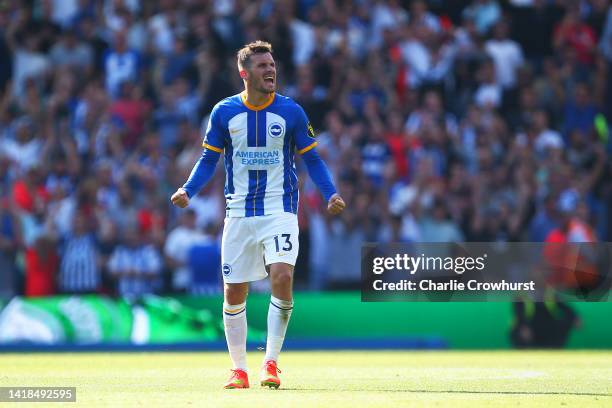 Pascal Gross of Brighton & Hove Albion celebrates their sides first goal during the Premier League match between Brighton & Hove Albion and Leeds...