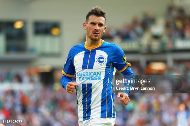 Pascal Gross of Brighton & Hove Albion celebrates their sides first goal during the Premier League match between Brighton & Hove Albion and Leeds...