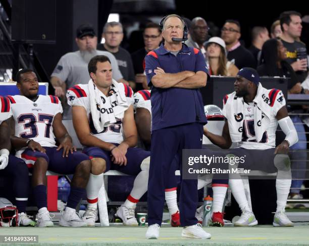 Head coach Bill Belichick of the New England Patriots looks on during a preseason game against the Las Vegas Raiders at Allegiant Stadium on August...