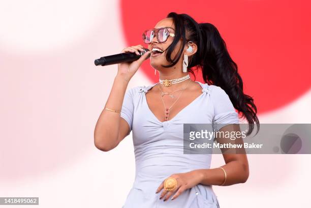 Joy Crookes performs on Main Stage West on Day 2 of Leeds Festival on August 27, 2022 in Leeds, England.