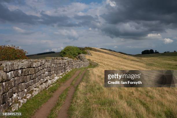 Hadrian's Wall near Cawfields quarry on August 27, 2022 in Hexham, United Kingdom. 2022 is the 1900 anniversary of the building of the first phase of...