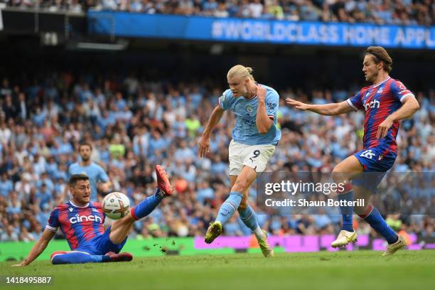 Erling Haaland of Manchester City scores their sides fourth goal during the Premier League match between Manchester City and Crystal Palace at Etihad...