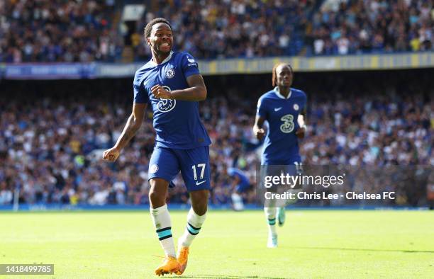 Raheem Sterling of Chelsea celebrates after scoring their team's first goal during the Premier League match between Chelsea FC and Leicester City at...