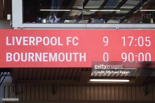 An LED scoreboard shows the score of Liverpool FC 9 - 0 AFC Bournemouth after the Premier League match between Liverpool FC and AFC Bournemouth at...
