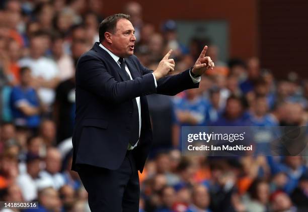 Ross County manager Malky MacKay reacts during the Cinch Scottish Premiership match between Rangers FC and Ross County FC at on August 27, 2022 in...