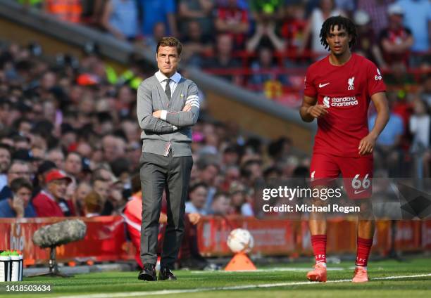 Scott Parker, Manager of AFC Bournemouth reacts during the Premier League match between Liverpool FC and AFC Bournemouth at Anfield on August 27,...