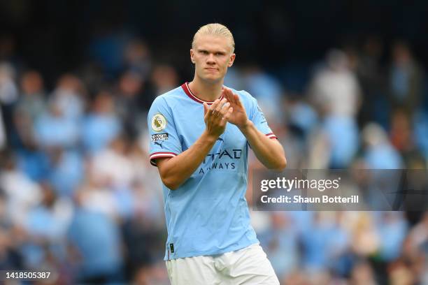 Erling Haaland of Manchester City interacts with the crowd following the Premier League match between Manchester City and Crystal Palace at Etihad...