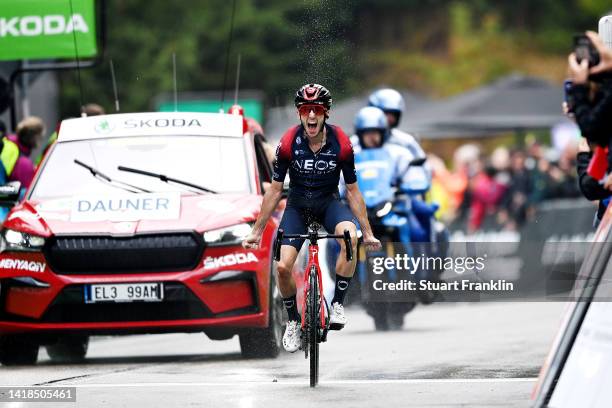 Adam Yates of United Kingdom and Team INEOS Grenadiers celebrates at finish line as stage winner during the 37th Deutschland Tour 2022 - Stage 3 a...