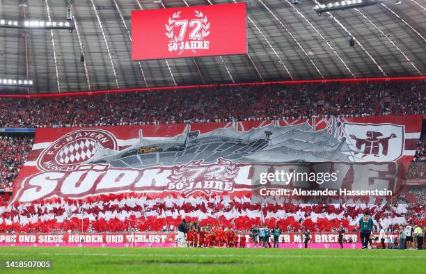 Fans of Bayern Munich create a tifo to celebrate "50 years north curve supporters" prior to the Bundesliga match between FC Bayern München and...