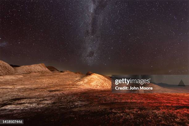 The Milky Way appears over salt formations in the Valle de la Luna in the Atacama Desert, considered the driest place on earth on August 26, 2022...