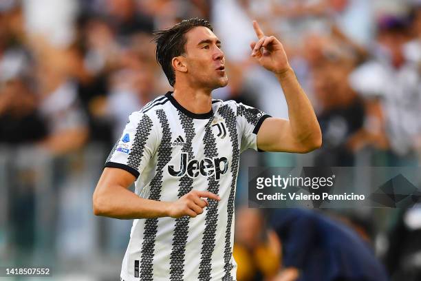 Dusan Vlahovic of Juventus celebrates after scoring their team's first goal during the Serie A match between Juventus and AS Roma at Allianz Stadium...