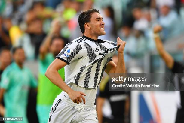 Dusan Vlahovic of Juventus celebrates after scoring their team's first goal during the Serie A match between Juventus and AS Roma at Allianz Stadium...