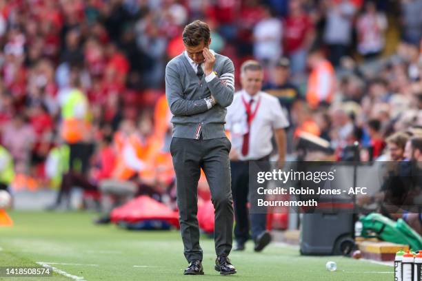 Head Coach Scott Parker ofb during the Premier League match between Liverpool FC and AFC Bournemouth at Anfield on August 27, 2022 in Liverpool,...