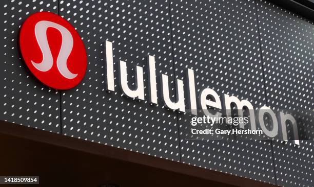 The corporate logo for Lululemon hangs on a wall at their store in Brookfield Place on August 26 in New York City.
