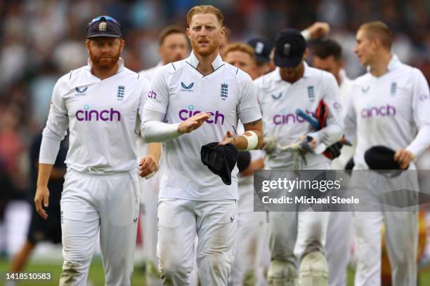 England captain Ben Stokes leads his team after his side's innings and 85 runs win during day three of the LV= Insurance 2nd Test match between...