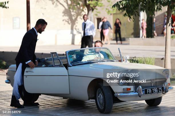 Simon Porte Jacquemus And Marco Maestri on their wedding day leave from the ceremony at the wedding Of Simon Porte Jacquemus And Marco Maestri on...