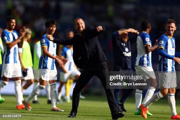 Graham Potter, Manager of Brighton & Hove Albion celebrates following the Premier League match between Brighton & Hove Albion and Leeds United at...