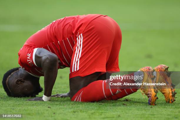 Sadio Mane of Bayern Munich celebrates a goal which was later disallowed by VAR during the Bundesliga match between FC Bayern München and Borussia...