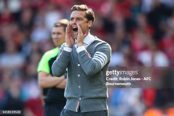 Head Coach Scott Parker of Bournemouth during the Premier League match between Liverpool FC and AFC Bournemouth at Anfield on August 27, 2022 in...