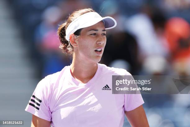 Garbine Muguruza of Spain looks on during a practice session before the start of the 2022 US Open at USTA Billie Jean King National Tennis Center on...