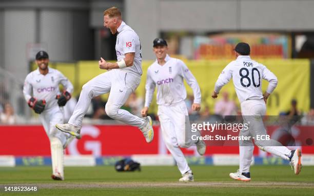 England bowler Ben Stokes celebrates after taking the wicket of Rassie van der Dussen during day three of the Second test match between England and...