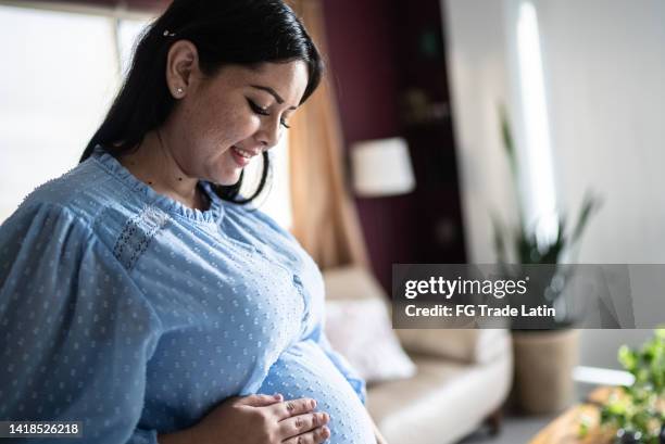 pregnant young woman caressing her belly in the living room at home - belly rub stockfoto's en -beelden