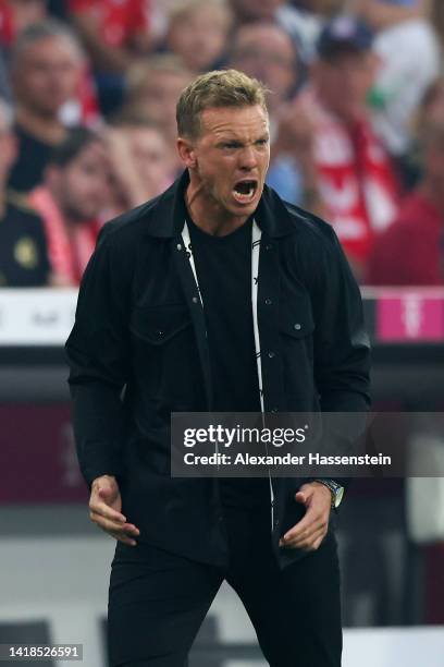 Julian Nagelsmann, Head Coach of Bayern Munich reacts during the Bundesliga match between FC Bayern München and Borussia Mönchengladbach at Allianz...