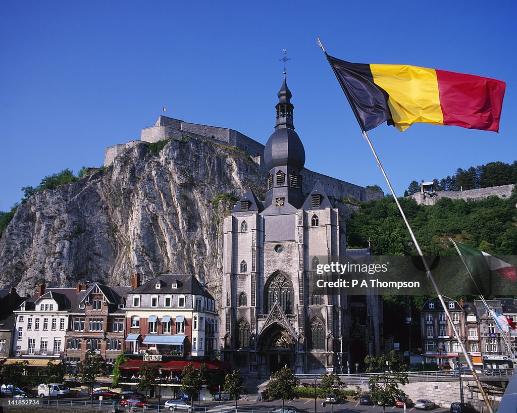Dinant and Belgian Flag, Ardennes, Belgium