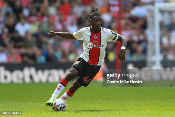 Romeo Lavia of Southampton in action during the Premier League match between Southampton FC and Manchester United at Friends Provident St. Mary's...